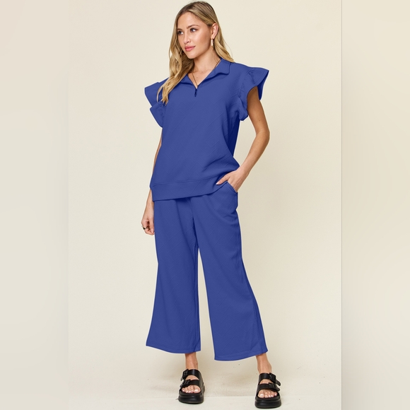 Double Take Texture Ruffle Short Sleeve Top and Drawstring Wide Leg Pants Set - Picture 1 of 5